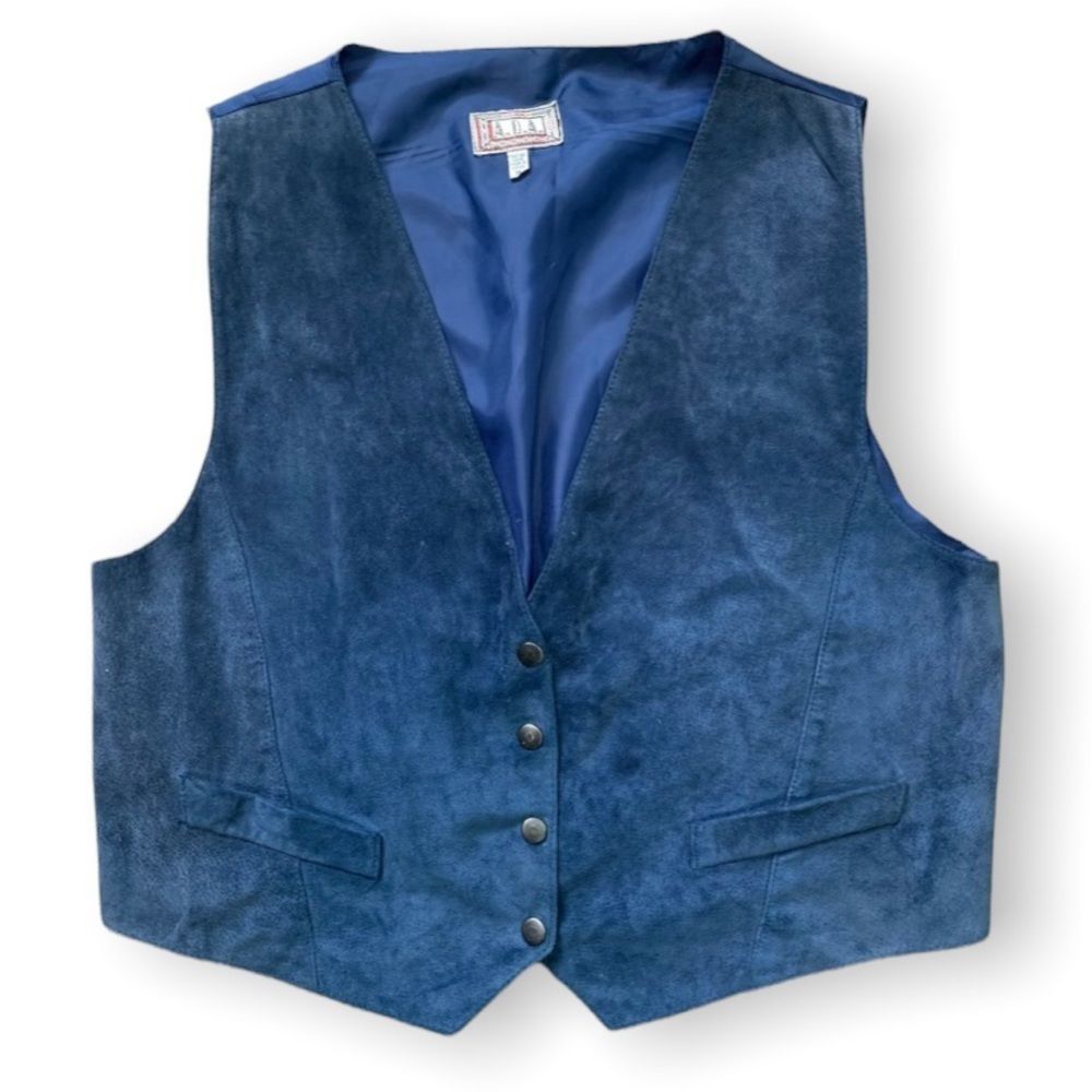 𝅺A.D.A Vintage Blue Leather Snap Button Up Unisex Dress Vest.
